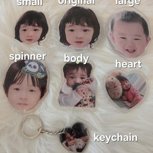 May include: A collection of personalized photo keepsakes, including a keychain, heart-shaped and circular pendants, and a spinner. The items feature images of a child and are labeled "small", "original", "large", "body", and "heart".