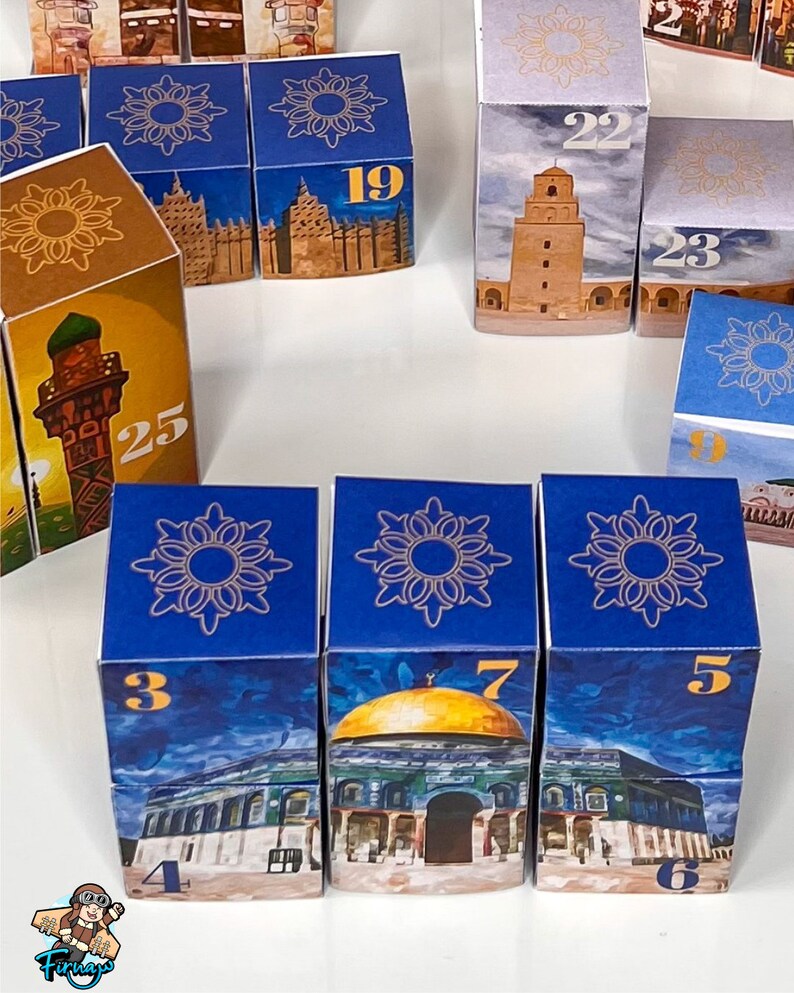 May include: A set of colorful, illustrated dice with numbers 3, 4, 5, 6, 7, 19, 22, 23, 25. The dice feature images of mosques and other Islamic architecture.