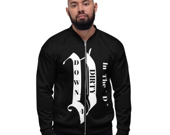 Svart bomberjacka med heltäckande tryck, unisex, borstad fleece