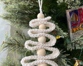 Ribbon Christmas Tree Ornament: 100% Cotton with Natural Wooden Beads, crocheted