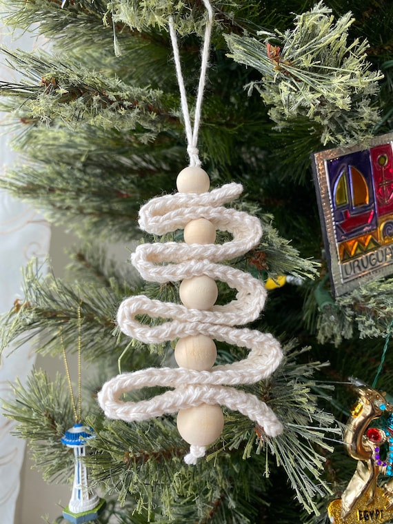 Ribbon Christmas Tree Ornament: 100% Cotton with Natural Wooden Beads,  crocheted