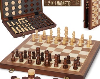 Personalized 2 in 1 Magnetic Wooden Chess and Checkers Board Game Set, 15" Folding Chess Boards with 2 Extra Queens