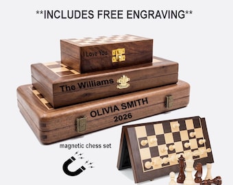 Personalized Magnetic Wooden Chess Set: Folding Travel Board with Extra Queens, Handmade Birthday Gift , IKL