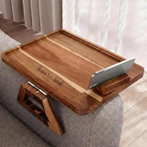 Acacia Wood Couch Arm Tray with Phone Holder Folding Sofa Armrest Table Clip On Couch Desk for Drinks Snacks Remote , Custom Name  Available