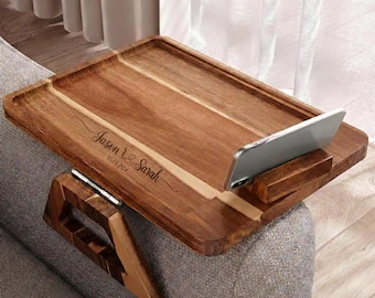 Acacia Wood Couch Arm Tray with Phone Holder Folding Sofa Armrest Table Clip On Couch Desk for Drinks Snacks Remote , Custom Name  Available