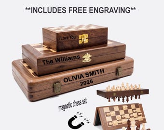 Handmade Walnut Chess Set, Christmas Gift, Wooden Board & Pieces, 2 Extra Queens, Personalized Gift for Him, Fathers Day Gift, BRSA1