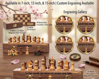 Handmade Chess Set, Custom Side Engraving, Wooden Board, 2 Extra Queens, Personalized Gift for Him, Fathers Day Christmas Gift, Magnetic