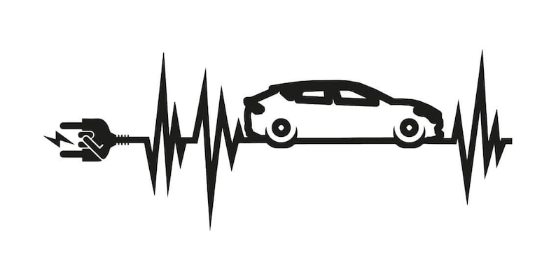 May include: Black and white illustration of an electric car with a plug and a heartbeat line. The car is a silhouette and the plug is connected to the car.