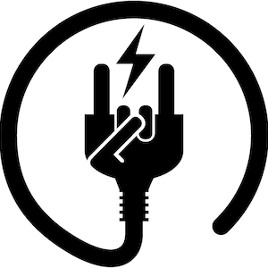 Può includere: Illustrazione in bianco e nero di una spina elettrica con un fulmine all'interno di un cerchio. La spina è a forma di mano che fa il gesto rock and roll.