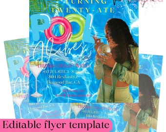 May include: An editable digital flyer template featuring a pool water background, a person in a green outfit, a martini glass, and text reading Turning Twenty-Ate Pool Vibes, Drinks Food Weed, Sat Jul 8th, 3-8:30pm, 804 Rexford Ct, Diamond Bar, CA.