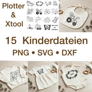 K&ouml;nnte beinhalten: Eine Auswahl an Baby- und Kleinkindkleidung und -accessoires, darunter ein L&auml;tzchen mit Traktor-Design, ein Sweatshirt mit Rakete, ein Kleid mit Schmetterling und ein Strampler mit floralem Rahmen. Das Bild enth&auml;lt auch schwarz-wei&szlig;e Grafikdesigns.