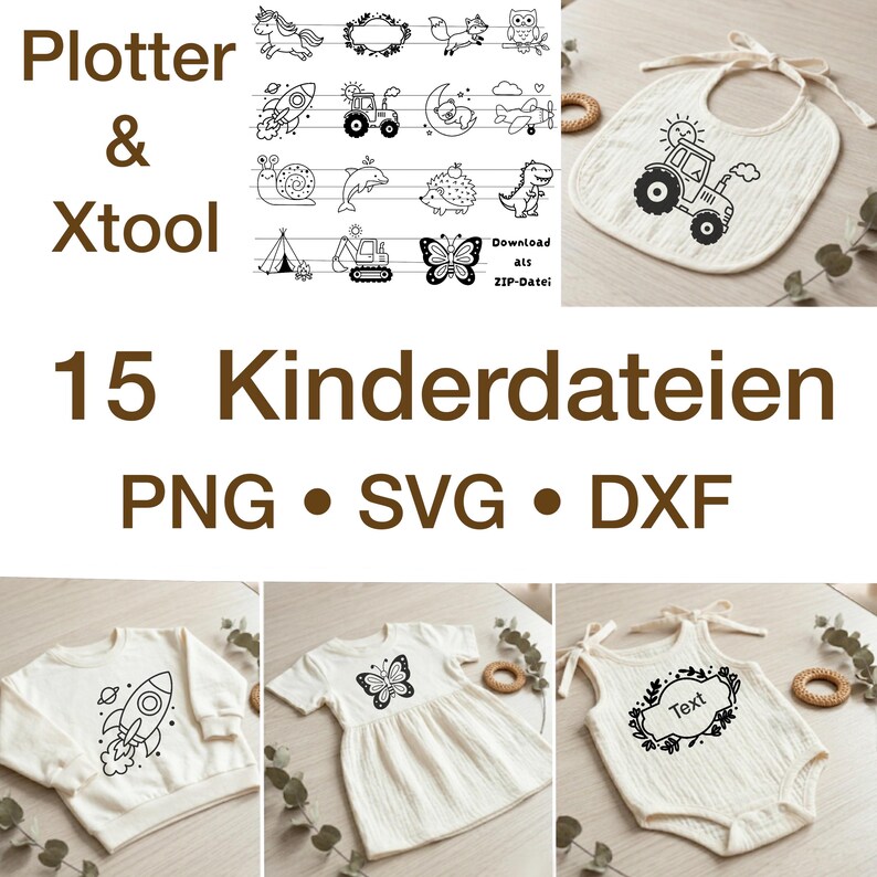 K&ouml;nnte beinhalten: Eine Auswahl an Baby- und Kleinkindkleidung und -accessoires, darunter ein L&auml;tzchen mit Traktor-Design, ein Sweatshirt mit Rakete, ein Kleid mit Schmetterling und ein Strampler mit floralem Rahmen. Das Bild enth&auml;lt auch schwarz-wei&szlig;e Grafikdesigns.