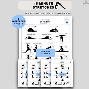 May include: Printable exercise sheets titled "15 Minute Stretches" with black silhouettes demonstrating stretches. The sheets include the text "Instant Download" and "Digital + Printable PDF".