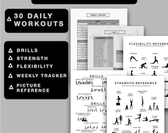 May include: Digital front aerial workouts guide with 30 daily workouts. Includes drills, strength, flexibility, and weekly tracker. The guide features illustrations of skills and exercises, including cartwheels, lunges, and handstands. The text on the guide reads "Digital Front Aerial Workouts".