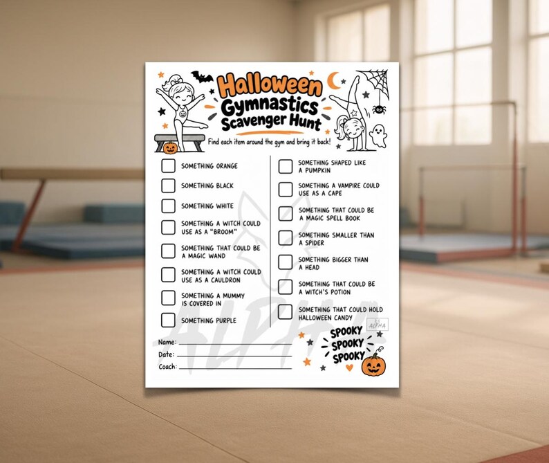 Halloween Gymnastics Scavenger Hunt Printable | Gym Activity for Kids ...