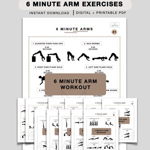 May include: Printable arm exercise guides with the text "6 Minute Arm Exercises." The guides show illustrated arm exercises, including elevated pike push-ups and inchworms. The guides are available for digital download and printing.