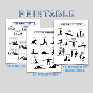 Op de afbeelding: Drie witte, bedrukbare vellen met zwarte illustraties van gymnastiekoefeningen. De vellen zijn gelabeld met "Side Aerial Drills", "Side Aerial Stretches" en "Side Aerial Strength". Elk vel heeft een titel en het aantal oefeningen.