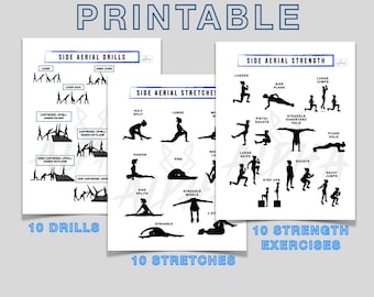 May include: Three white printable sheets with black illustrations of gymnastics exercises. The sheets are labeled "Side Aerial Drills", "Side Aerial Stretches", and "Side Aerial Strength". Each sheet has a title and the number of exercises.