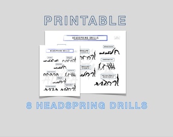 Op de afbeelding: Twee afdrukbare vellen met de tekst "Printable" en "8 Headspring Drills". De vellen tonen zwart-wit illustraties van koprol oefeningen, zoals brug snaps en handstand pops, tegen een lichtgrijze achtergrond.
