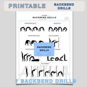 Könnte beinhalten: Ein bedruckbares weißes Blatt mit schwarzen Illustrationen von Rückbeugeübungen. Das Blatt enthält den Text "Printable", "Backbend Drills" und "7 Backbend Drills". Die Übungen sind als Bodenübungen kategorisiert.