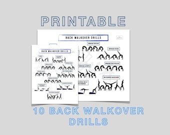 May include: Printable document titled "10 Back Walkover Drills" with illustrations of gymnastics exercises. The document includes text such as "Back Walkover Drills", "Bridge Rocks", and "Bridge Kicks". The background is a light gray.