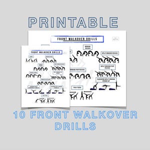 May include: Printable document with the text "PRINTABLE" at the top. The document features the title "FRONT WALKOVER DRILLS" and includes diagrams of various gymnastics exercises. The text "10 FRONT WALKOVER DRILLS" is at the bottom.