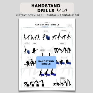 Może przedstawiać: Biały, drukowany plik PDF z tytułem "HANDSTAND DRILLS" i ilustracjami różnych ćwiczeń stania na rękach. Plakat zawiera tekst, taki jak "Natychmiastowe pobieranie" i "PDF cyfrowy + do wydruku".
