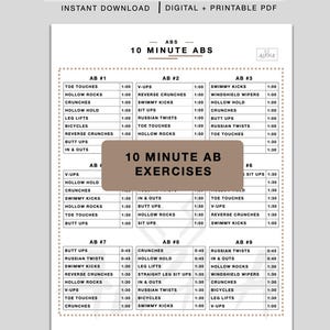 Puede incluir: Una guía de ejercicios en PDF imprimible titulada "10 Minute Ab Exercises". El documento blanco presenta una rutina de ejercicios estructurada con varios ejercicios abdominales, incluyendo toques de dedos, abdominales y giros rusos, con duraciones.