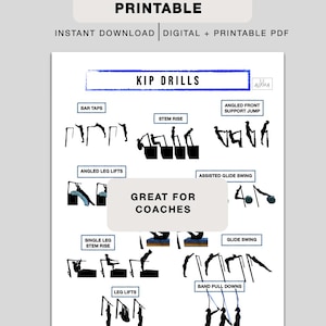 以下が含まれることがあります： 体操の練習イラストが描かれた「Kip Drills」の印刷可能なガイド。 「Bar Taps」、「Stem Rise」、「Angled Leg Lifts」などを含む。 上部のテキストは「Kip Drills Printable」と「Instant Download Digital + Printable PDF」です。