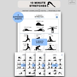 Può includere: Un PDF digitale con sfondo bianco con illustrazioni nere di vari esercizi di stretching. Il titolo "10 MINUTE STRETCHES" è in alto. L'immagine include il testo "DOWNLOAD IMMEDIATO | DIGITALE + PDF STAMPABILE" e "5 FOGLI DIVERSI."