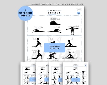 May include: A digital PDF with a white background featuring black illustrations of various stretches. The title "10 MINUTE STRETCHES" is at the top. The image includes the text "INSTANT DOWNLOAD | DIGITAL + PRINTABLE PDF" and "5 DIFFERENT SHEETS."