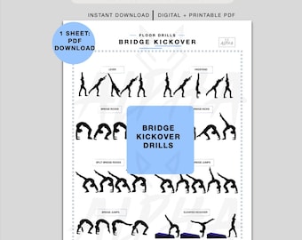 May include: A white printable PDF with black illustrations of bridge kickover drills. The title "Bridge Kickover Drills" is at the top, with "Instant Download" and "Digital + Printable PDF" below it. The sheet includes various floor drills.