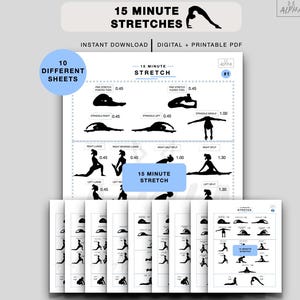 Puede incluir: Una descarga digital con 10 hojas de rutinas de estiramiento de 15 minutos. Cada hoja muestra ilustraciones de siluetas negras de posturas de yoga con duraciones de tiempo. El título "15 MINUTE STRETCHES" está en la parte superior.