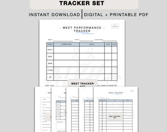 May include: A Gymnastics Meet Tracker Set, available as an instant download. The set includes a Meet Performance Tracker with sections for event, corrections, goals, score, and place. Additional pages include a Meet Tracker and a Goal Tracker.