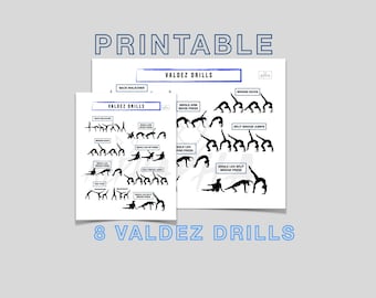 May include: Printable sheet with the text "PRINTABLE" and "VALDEZ DRILLS" in blue. The sheet displays black silhouette illustrations of gymnastics exercises, including back walkovers and bridge kicks. The text "8 VALDEZ DRILLS" is also present.
