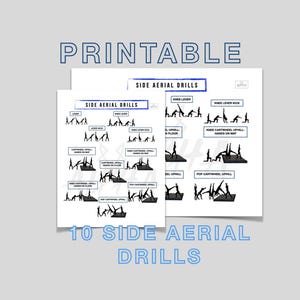 Puede incluir: Hojas imprimibles tituladas "Side Aerial Drills" con diagramas de movimientos de gimnasia. El texto "10 Side Aerial Drills" está en la parte inferior. El fondo es azul claro.