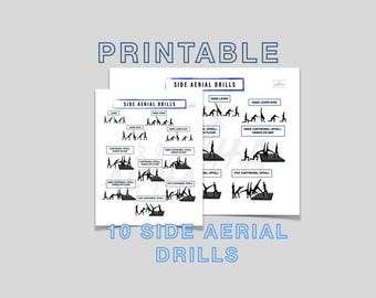 May include: Printable instructional sheets titled "Side Aerial Drills" with diagrams of gymnastic movements. The text "10 Side Aerial Drills" is at the bottom. The background is light blue.