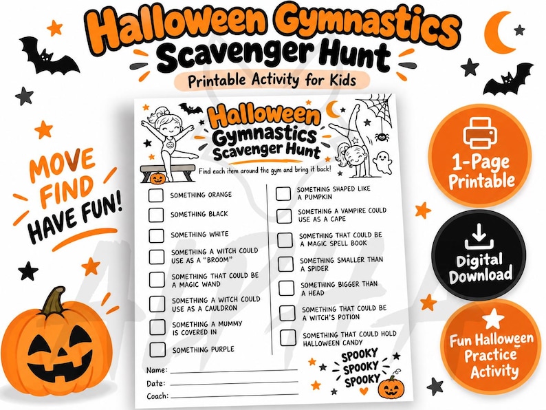 Halloween Gymnastics Scavenger Hunt Printable | Gym Activity for Kids ...