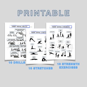 May include: Three printable exercise sheets with black silhouettes on a white background. The sheets are labelled "Front Aerial Drills", "Front Aerial Stretch", and "Front Aerial Strength". Each sheet lists exercises with the number of drills, stretches, and exercises.