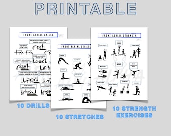 May include: Three printable exercise sheets with black silhouettes on a white background. The sheets are labeled "Front Aerial Drills", "Front Aerial Stretch", and "Front Aerial Strength". Each sheet lists exercises with the number of drills, stretches, and exercises.