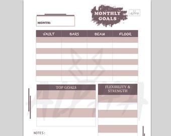 May include: A white gymnastics goal sheet with the text "GYMNASTICS GOAL SHEET" at the top. The sheet includes sections for monthly goals, vault, bars, beam, floor, top goals, flexibility & strength, and notes.