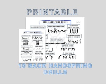 May include: Printable instructional sheet with the text "BACH HANDSPRING DRILLS" and "10 BACK HANDSPRING DRILLS". The sheet features black and white illustrations demonstrating various handspring exercises, including backbends and handstand variations.