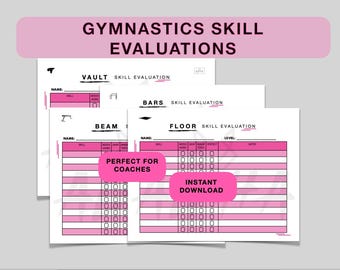 May include: Gymnastics skill evaluation sheets for vault, bars, beam, and floor exercises. Each sheet features a pink and white colour scheme with sections for skill, work, and notes. The text "Gymnastics Skill Evaluations" is at the top.