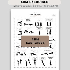 May include: A white printable PDF featuring arm exercise instructions. The poster includes illustrations of exercises like push-ups, handstands, and pull-ups. Text at the top reads "ARM EXERCISES" and "INSTANT DOWNLOAD | DIGITAL + PRINTABLE PDF".