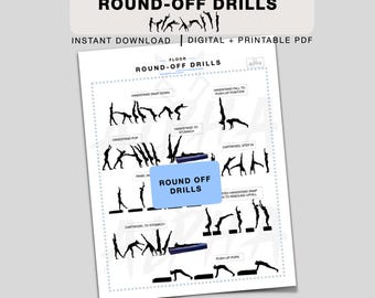 May include: A white printable PDF with the title "ROUND-OFF DRILLS" in black text. The document features illustrations of gymnastics exercises, including handstands and cartwheels. The words "INSTANT DOWNLOAD | DIGITAL + PRINTABLE PDF" are also visible.