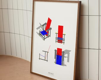 May include: A framed print of a minimalist design featuring a chair in various positions. The chair is made of black lines and filled with red and blue geometric shapes. The title of the print is "RED & BLUE" by Gerrit Rietveld.