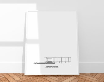 Ludwig Mies van der Rohe. Maison Farnsworth. Illustration architecturale minimale. Téléchargement numérique