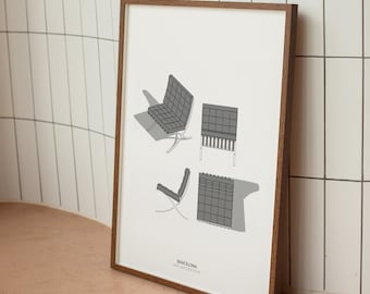 Ludwig Mies van der Rohe  .  Barcelona Chair . Minimal Design Illustration . Digital Download