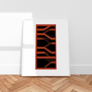 Puede incluir: Una impresión enmarcada de un diseño geométrico minimalista con una serie de líneas naranjas superpuestas sobre un fondo negro. El diseño se asemeja a una escalera estilizada o a una fachada de edificio.