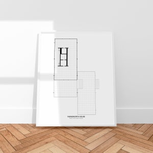Ludwig Mies van der Rohe . Farnsworth House . Minimal Architecture Illustration . Digital Download